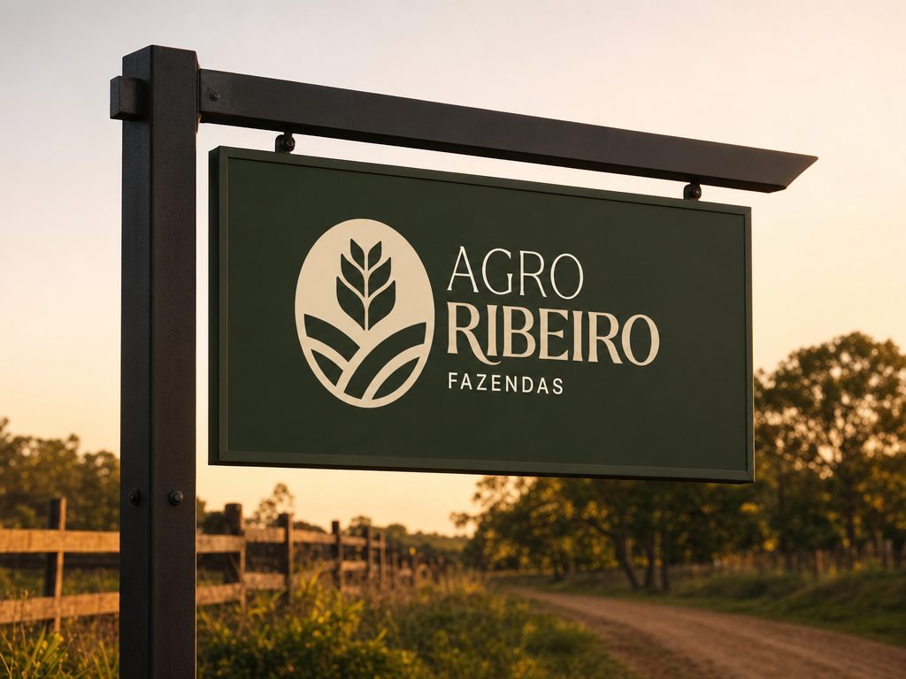 Agro Ribeiro — Placa de entrada da fazenda ao entardecer