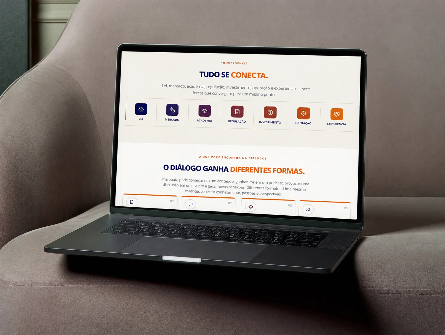 Diálogos Estruturantes — Mockup da seção Tudo se conecta em notebook